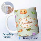 Personalized Custom Name Cute Watercolor Pumpkins and Candy Sweets on Cream Background Lovely 11oz Ceramic Coffee Tea Mug White Large Handle