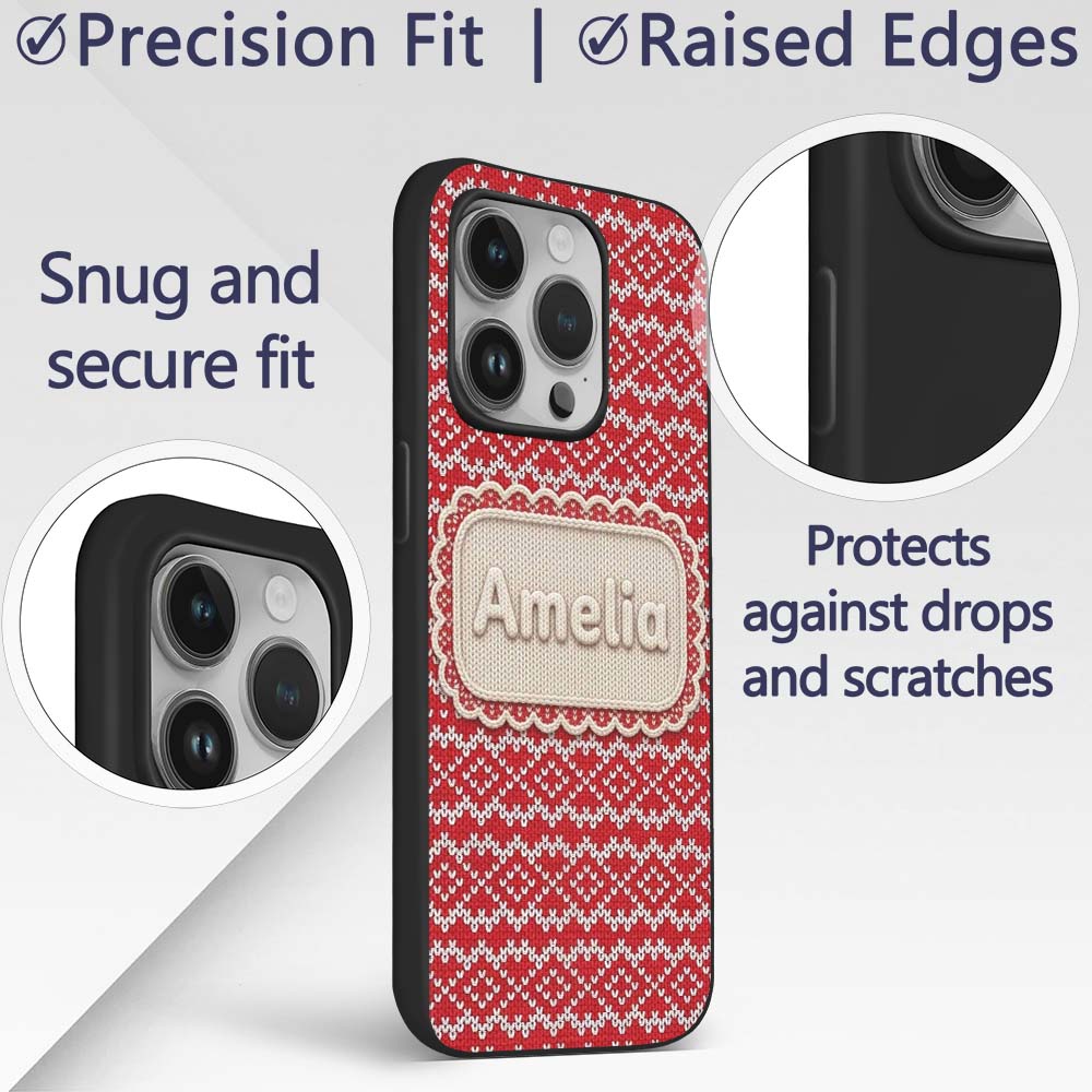 Classic Red Nordic Knit Heart Fair Isle Seamless Custom Name Protective Phone Case Mobile Cover Durable Everyday Smartphone Shock Resistant