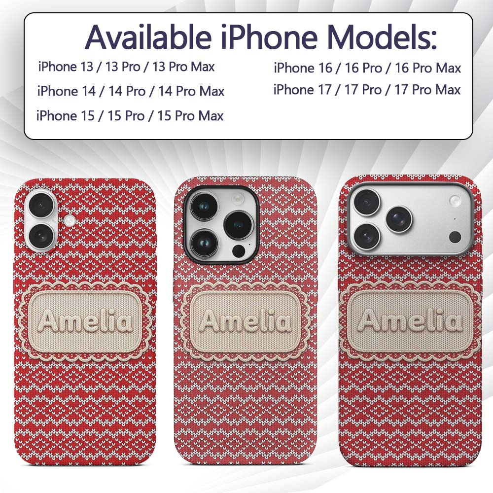 Classic Red Nordic Knit Heart Fair Isle Seamless Custom Name Protective Phone Case Mobile Cover Durable Everyday Smartphone Shock Resistant