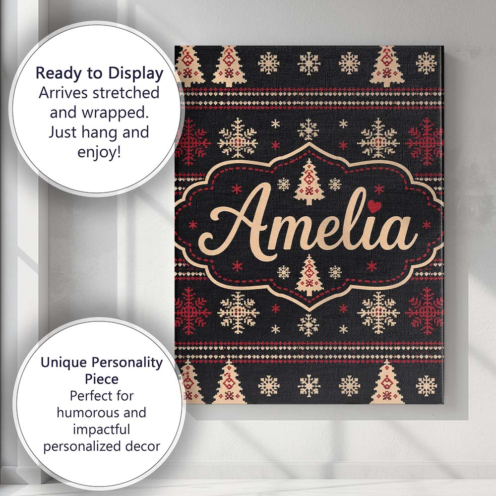 Personalised Name Black Red Nordic Christmas Custom Bespoke  Contemporary Display Canvas Wall Art Print Decor Picture Ready to Hang