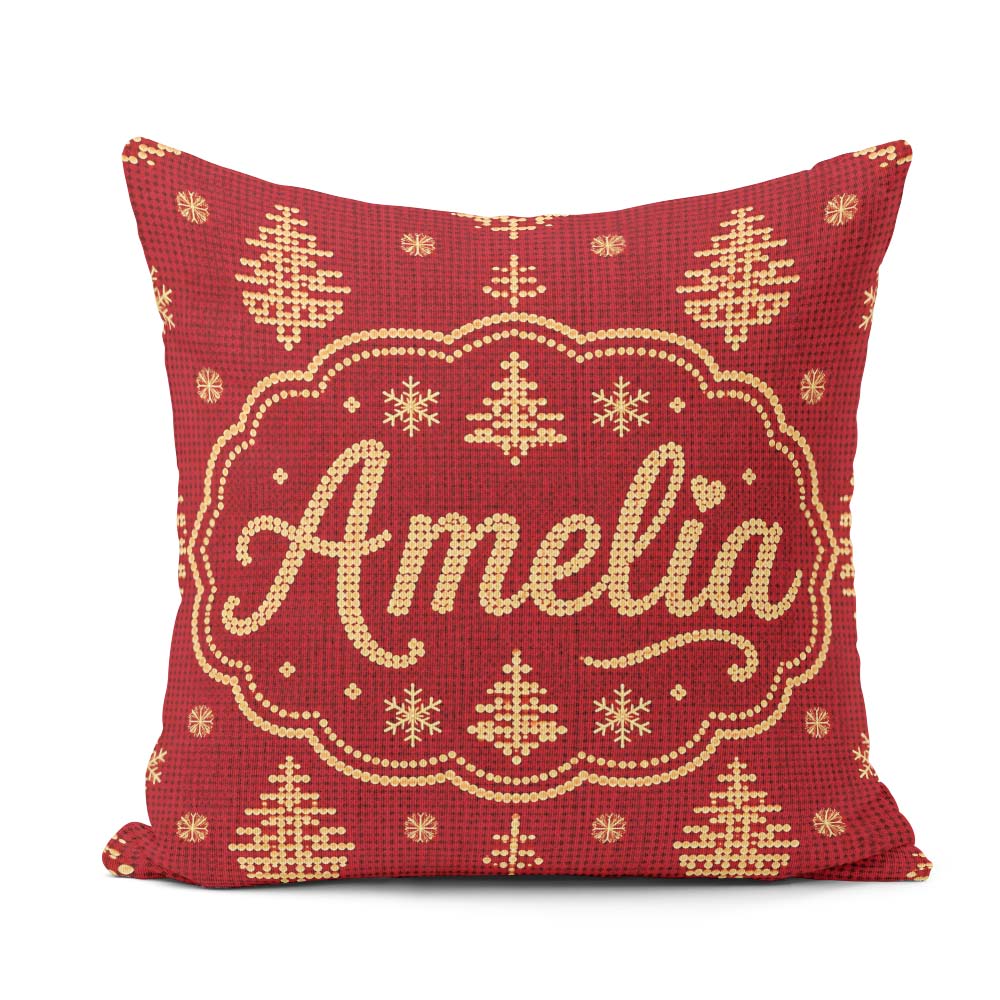Custom Name Festive Gold Christmas Tree Snowflake Knit Seamless Square Filled Cushion Throw Pillow Sofa Bed Home Decor Zip Washable UK Made