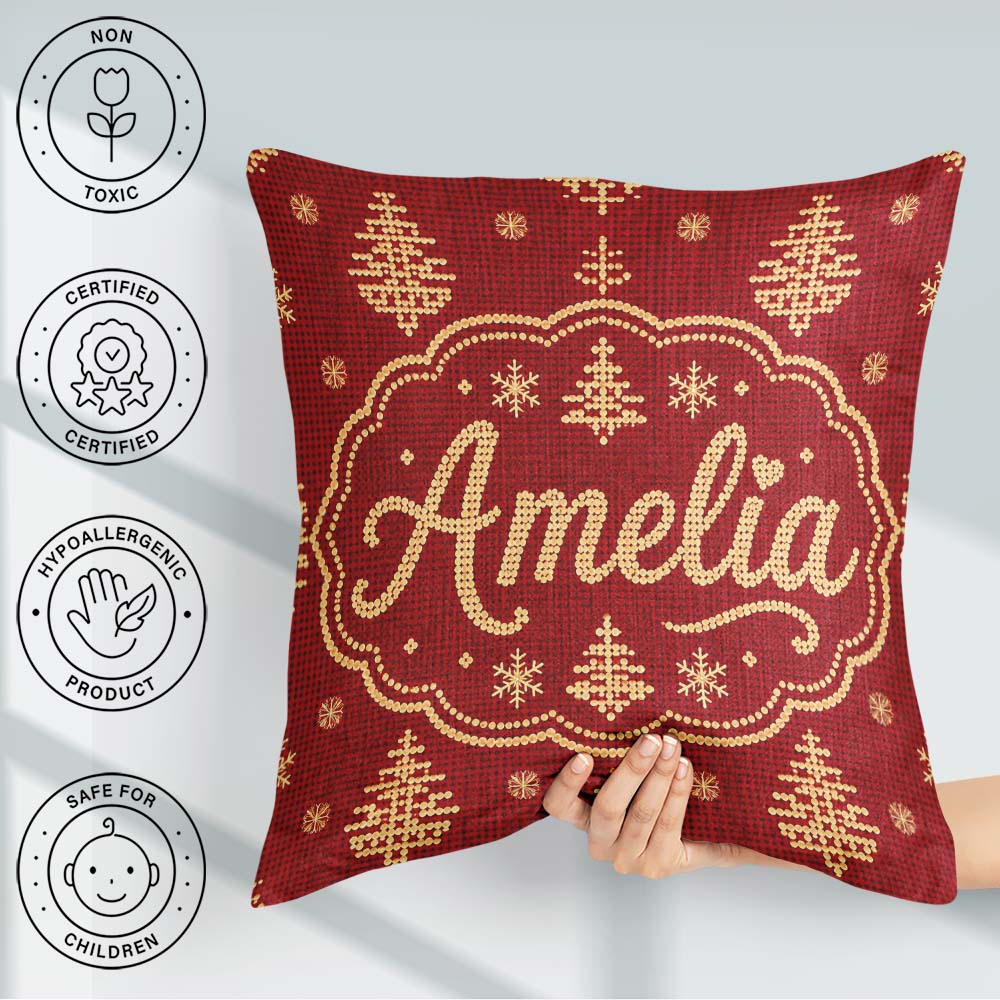 Custom Name Festive Gold Christmas Tree Snowflake Knit Seamless Square Filled Cushion Throw Pillow Sofa Bed Home Decor Zip Washable UK Made