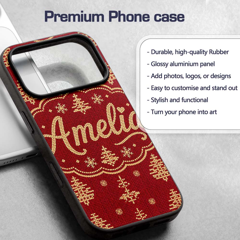 Festive Red Gold Christmas Tree Snowflake Knit Custom Name Protective Phone Case Mobile Cover Durable Everyday Smartphone Shock Resistant