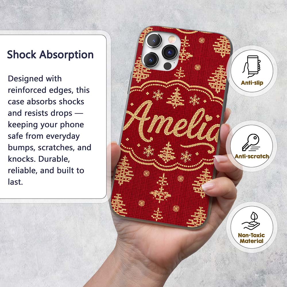 Festive Red Gold Christmas Tree Snowflake Knit Custom Name Protective Phone Case Mobile Cover Durable Everyday Smartphone Shock Resistant