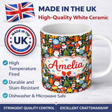 Personalized Custom Name Cute Christmas Tree Snowman Reindeer Gift Snowflake Seamless Pattern 11oz Ceramic Coffee Tea Mug White Large Handle