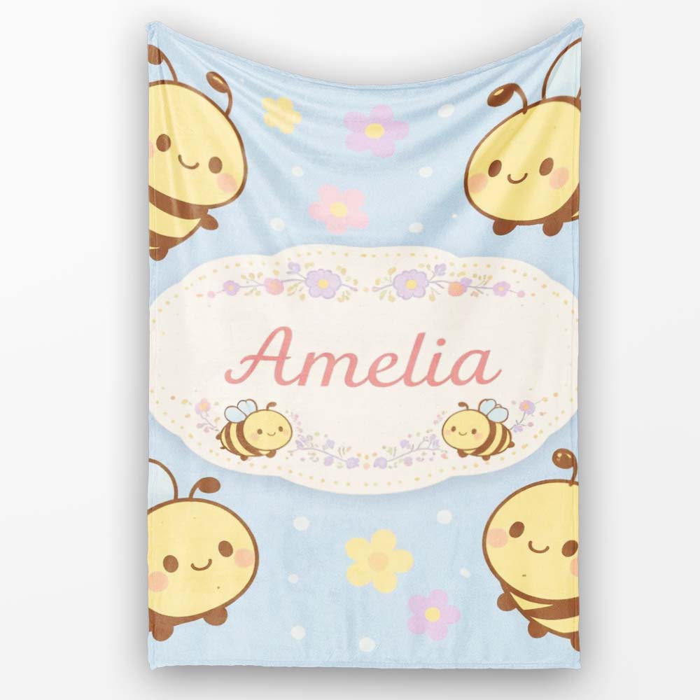 Cute Bee Flower Cartoon Animal Pattern Stylish Everyday  Lovely  Personalised Custom Name Super Soft Fleece Blanket Bed Sofa Throw