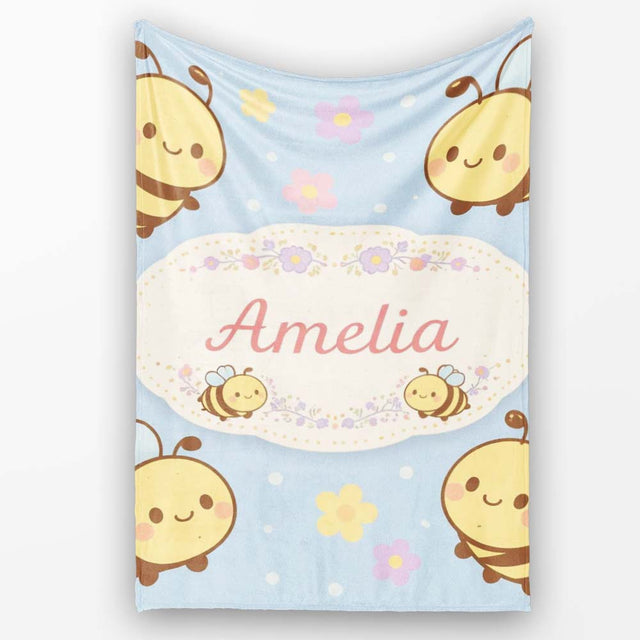 Cute Bee Flower Cartoon Animal Pattern Stylish Everyday  Lovely  Personalised Custom Name Super Soft Fleece Blanket Bed Sofa Throw