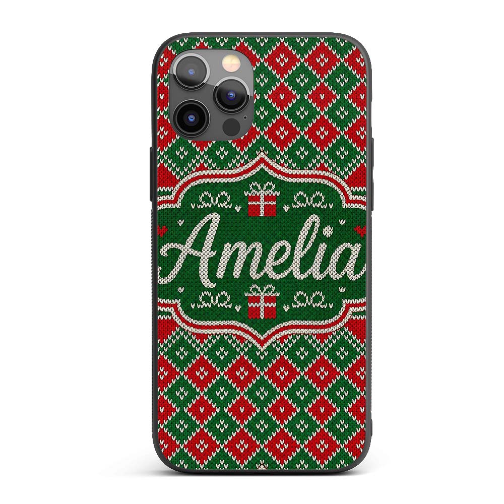 Green Christmas Gift Box Knitted Printed Design Custom Name Protective Phone Case Mobile Cover Durable Everyday Smartphone Shock Resistant