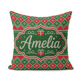 Custom Name Green Christmas Box Knitted Fair Isle Pattern Lovely Square Filled Cushion Throw Pillow Sofa Bed Home Decor Zip Washable UK Made