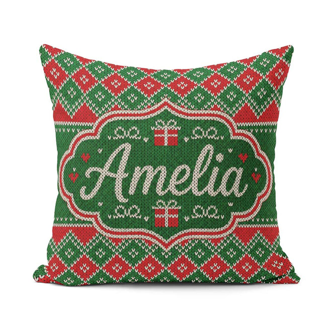 Custom Name Green Christmas Box Knitted Fair Isle Pattern Lovely Square Filled Cushion Throw Pillow Sofa Bed Home Decor Zip Washable UK Made