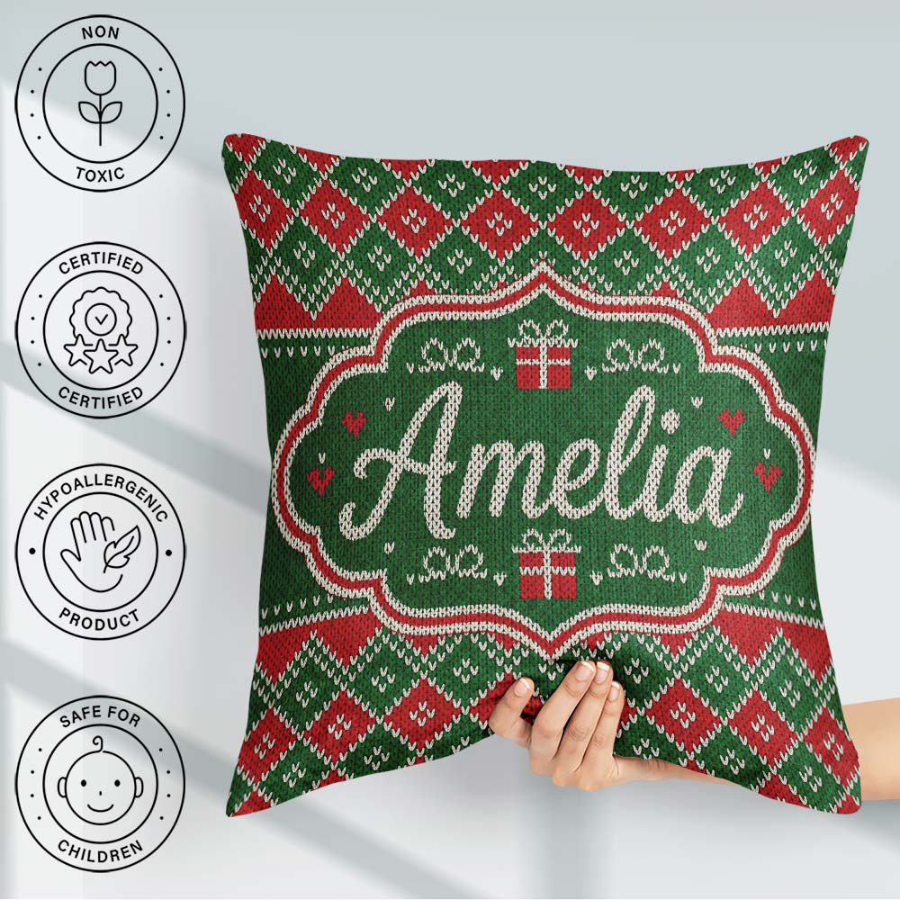 Custom Name Green Christmas Box Knitted Fair Isle Pattern Lovely Square Filled Cushion Throw Pillow Sofa Bed Home Decor Zip Washable UK Made
