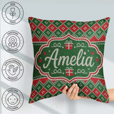 Custom Name Green Christmas Box Knitted Fair Isle Pattern Lovely Square Filled Cushion Throw Pillow Sofa Bed Home Decor Zip Washable UK Made