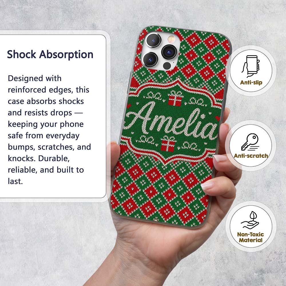 Green Christmas Gift Box Knitted Printed Design Custom Name Protective Phone Case Mobile Cover Durable Everyday Smartphone Shock Resistant
