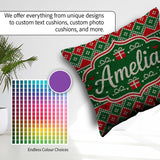 Custom Name Green Christmas Box Knitted Fair Isle Pattern Lovely Square Filled Cushion Throw Pillow Sofa Bed Home Decor Zip Washable UK Made