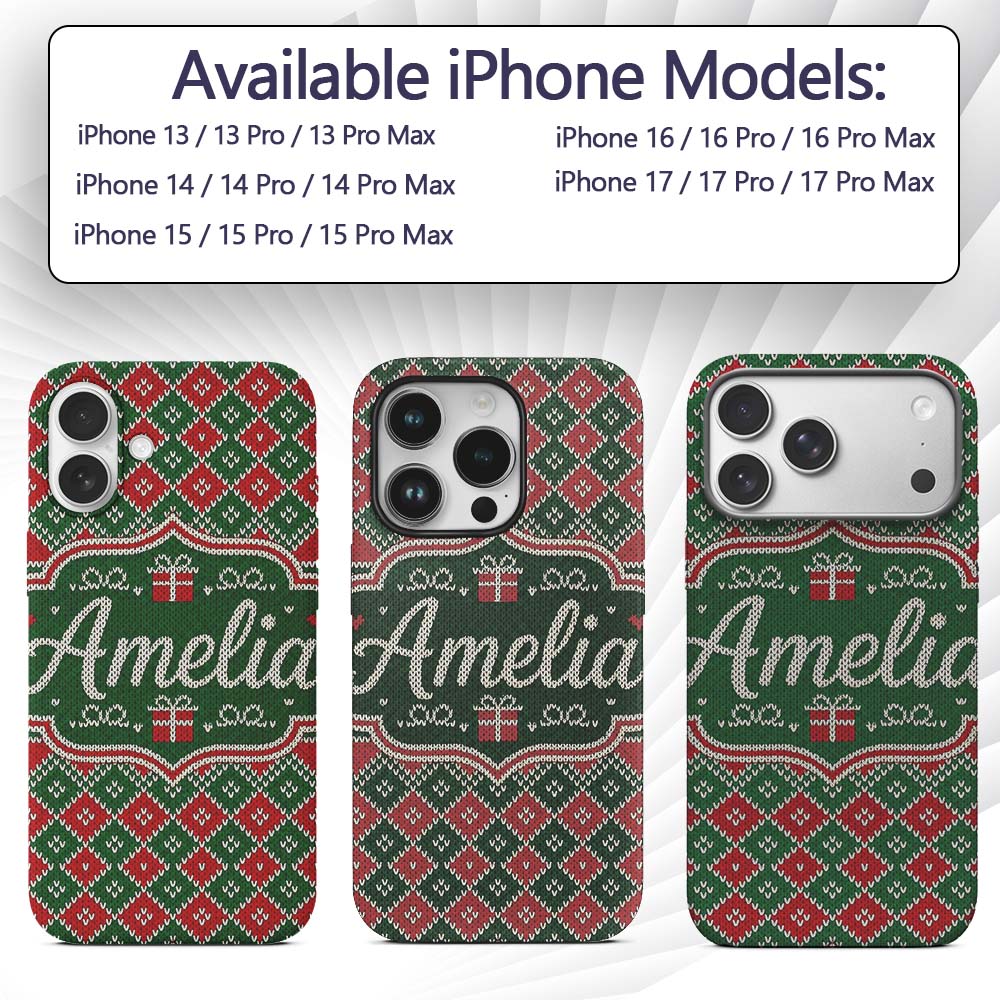 Green Christmas Gift Box Knitted Printed Design Custom Name Protective Phone Case Mobile Cover Durable Everyday Smartphone Shock Resistant