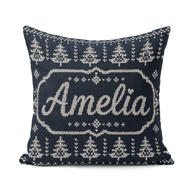 Custom Name Navy Blue Tree Heart Knitted Seamless Pattern Lovely Square Filled Cushion Throw Pillow Sofa Bed Home Decor Zip Washable UK Made