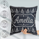 Custom Name Navy Blue Tree Heart Knitted Seamless Pattern Lovely Square Filled Cushion Throw Pillow Sofa Bed Home Decor Zip Washable UK Made