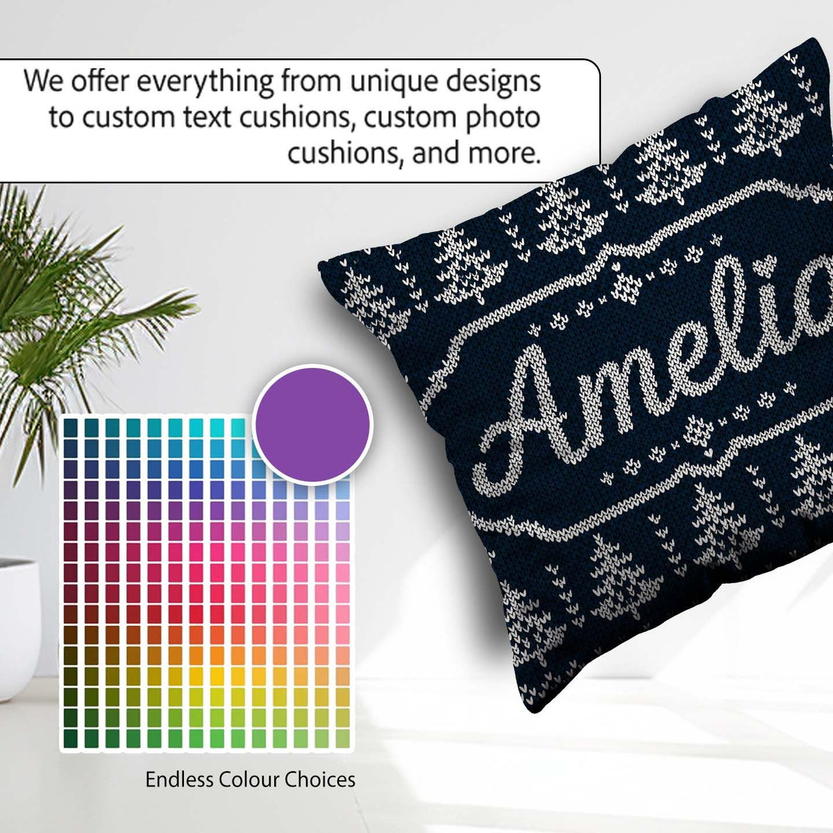Custom Name Navy Blue Tree Heart Knitted Seamless Pattern Lovely Square Filled Cushion Throw Pillow Sofa Bed Home Decor Zip Washable UK Made