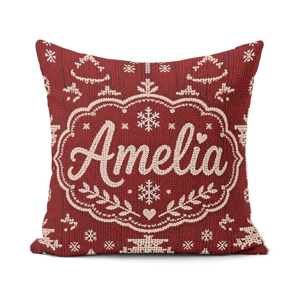 Custom Name Red Nordic Snowflake Reindeer Knitted Pattern Lovely Square Filled Cushion Throw Pillow Sofa Bed Home Decor Zip Washable UK Made
