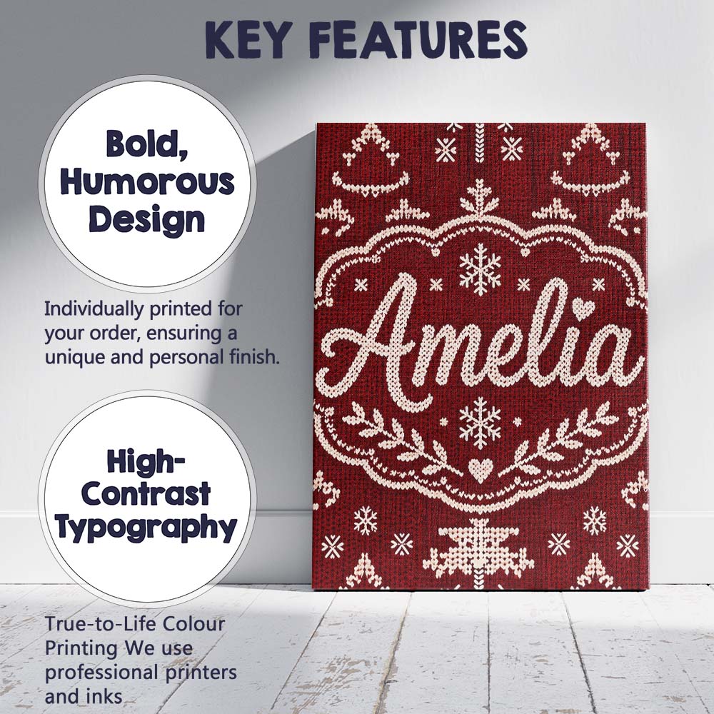 Personalised Name Red Nordic Snowflake Custom  Modern Room Accent Elegant Feature Canvas Wall Art Print Decor Picture Ready to Hang