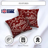 Custom Name Red Nordic Snowflake Reindeer Knitted Pattern Lovely Square Filled Cushion Throw Pillow Sofa Bed Home Decor Zip Washable UK Made