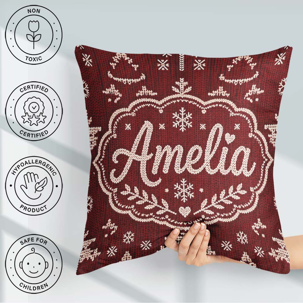Custom Name Red Nordic Snowflake Reindeer Knitted Pattern Lovely Square Filled Cushion Throw Pillow Sofa Bed Home Decor Zip Washable UK Made