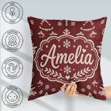 Custom Name Red Nordic Snowflake Reindeer Knitted Pattern Lovely Square Filled Cushion Throw Pillow Sofa Bed Home Decor Zip Washable UK Made
