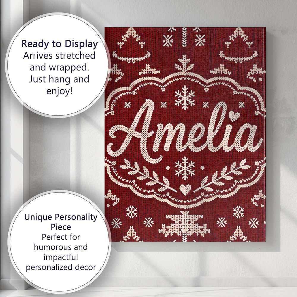 Personalised Name Red Nordic Snowflake Custom  Modern Room Accent Elegant Feature Canvas Wall Art Print Decor Picture Ready to Hang