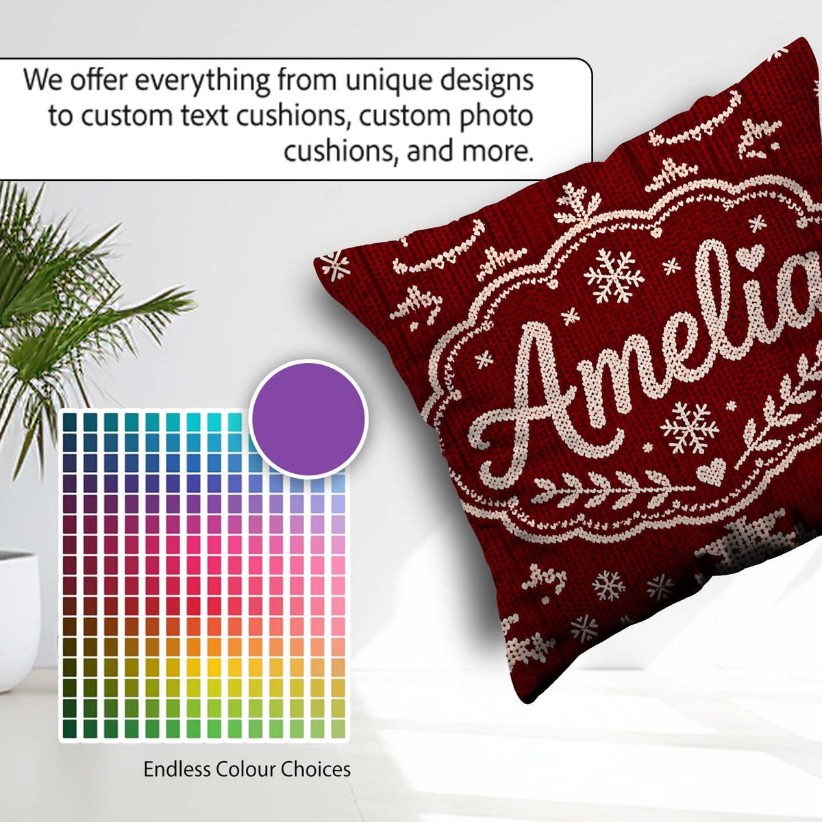 Custom Name Red Nordic Snowflake Reindeer Knitted Pattern Lovely Square Filled Cushion Throw Pillow Sofa Bed Home Decor Zip Washable UK Made