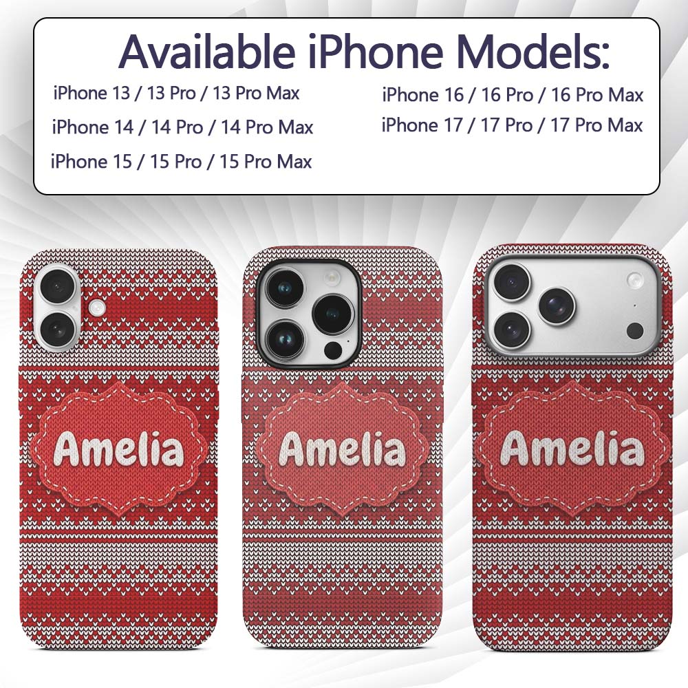Classic Red White Minimal Knit Texture Seamless Custom Name Protective Phone Case Mobile Cover Durable Everyday Smartphone Shock Resistant
