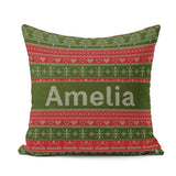 Custom Name Green Red Christmas Tree Snowflake Fair Isle Pattern Square Filled Cushion Throw Pillow Sofa Bed Home Decor Zip Washable UK Made
