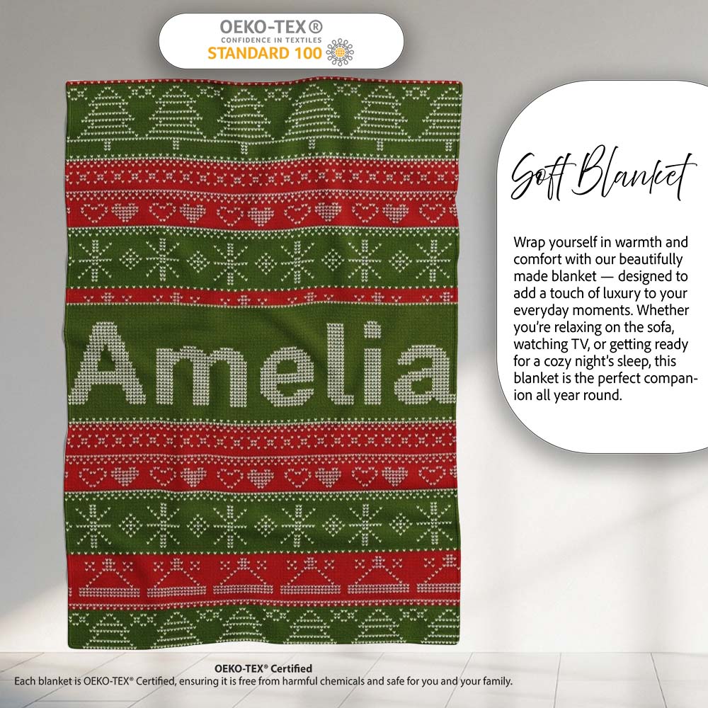 Green Red Nordic Christmas Tree Snowflake Fair Isle Seamless Pattern  Personalised Custom Name Super Soft Fleece Blanket Bed Sofa Throw