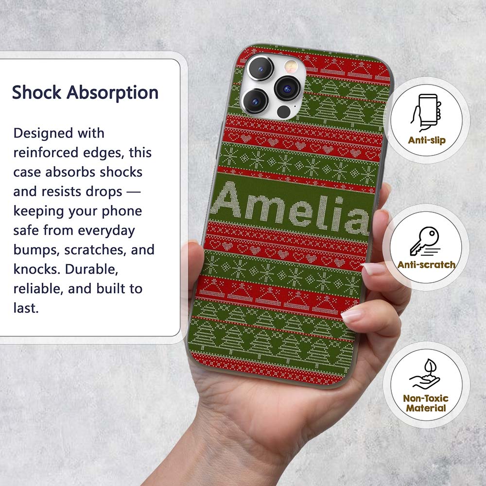 Green Red Nordic Christmas Tree Snowflake Fair Custom Name Protective Phone Case Mobile Cover Durable Everyday Smartphone Shock Resistant