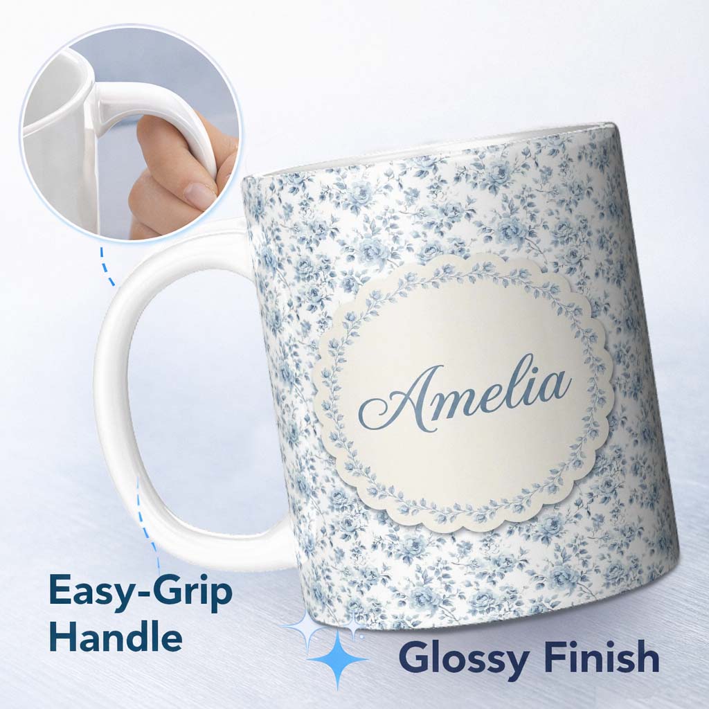 Personalized Custom Name Vintage Blue Floral Rose Botanical Seamless Pattern Cute Unique Gift 11oz Ceramic Coffee Tea Mug White Large Handle