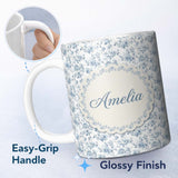 Personalized Custom Name Vintage Blue Floral Rose Botanical Seamless Pattern Cute Unique Gift 11oz Ceramic Coffee Tea Mug White Large Handle