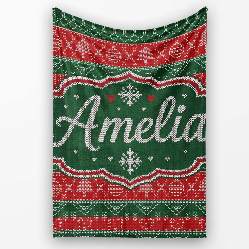 Red Green Nordic Christmas Ornament Tree Heart Knit Seamless Pattern  Personalised Custom Name Super Soft Fleece Blanket Bed Sofa Throw