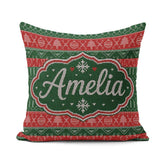 Custom Name Red Green Christmas Ornament Tree Heart Knit Pattern Square Filled Cushion Throw Pillow Sofa Bed Home Decor Zip Washable UK Made