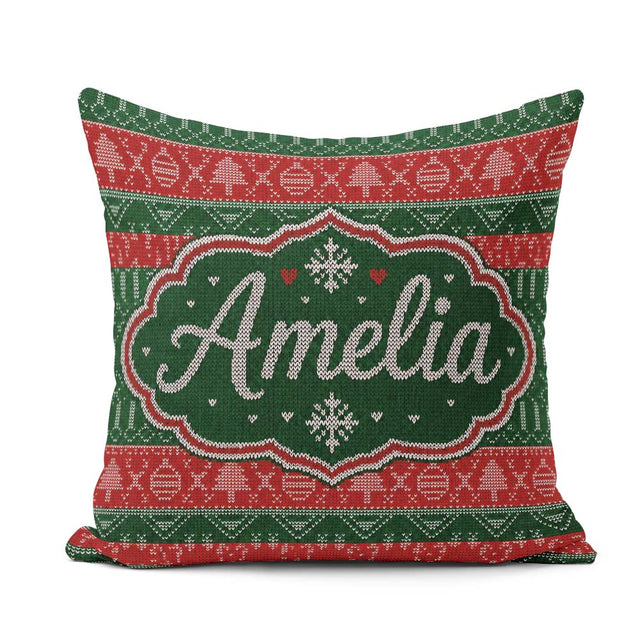 Custom Name Red Green Christmas Ornament Tree Heart Knit Pattern Square Filled Cushion Throw Pillow Sofa Bed Home Decor Zip Washable UK Made