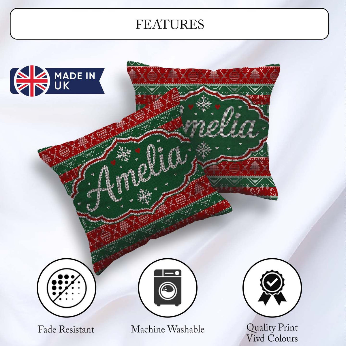 Custom Name Red Green Christmas Ornament Tree Heart Knit Pattern Square Filled Cushion Throw Pillow Sofa Bed Home Decor Zip Washable UK Made