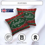 Custom Name Red Green Christmas Ornament Tree Heart Knit Pattern Square Filled Cushion Throw Pillow Sofa Bed Home Decor Zip Washable UK Made