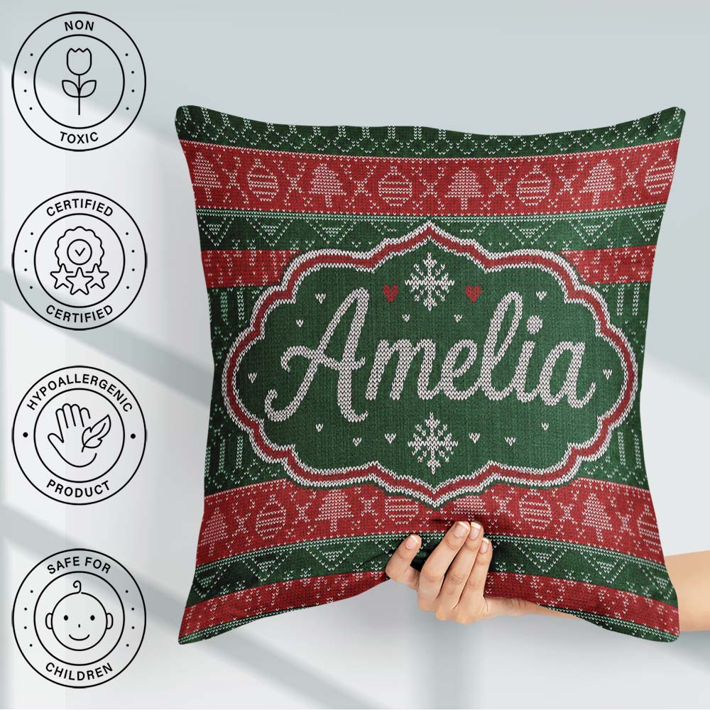Custom Name Red Green Christmas Ornament Tree Heart Knit Pattern Square Filled Cushion Throw Pillow Sofa Bed Home Decor Zip Washable UK Made