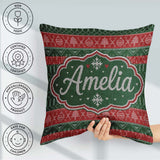 Custom Name Red Green Christmas Ornament Tree Heart Knit Pattern Square Filled Cushion Throw Pillow Sofa Bed Home Decor Zip Washable UK Made