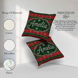 Custom Name Red Green Christmas Ornament Tree Heart Knit Pattern Square Filled Cushion Throw Pillow Sofa Bed Home Decor Zip Washable UK Made