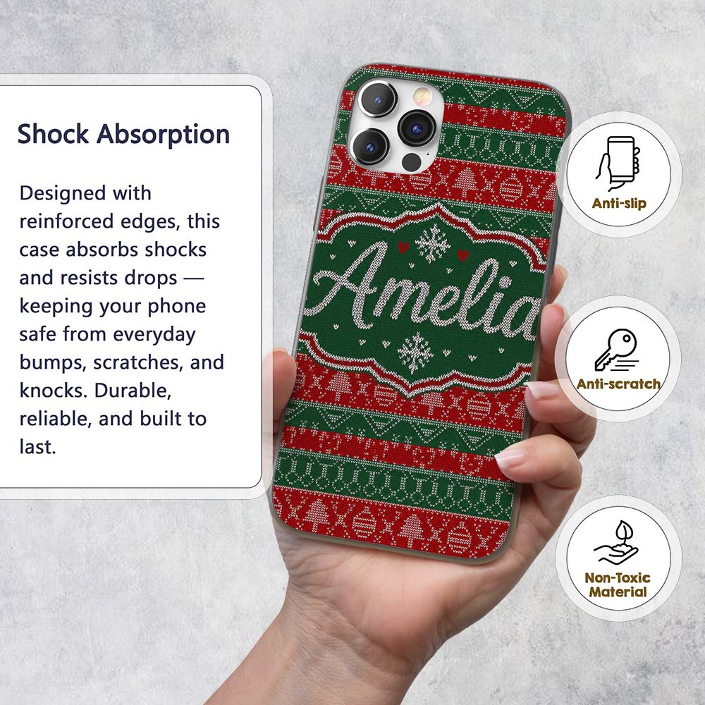 Red Green Nordic Christmas Ornament Tree Heart Custom Name Protective Phone Case Mobile Cover Durable Everyday Smartphone Shock Resistant