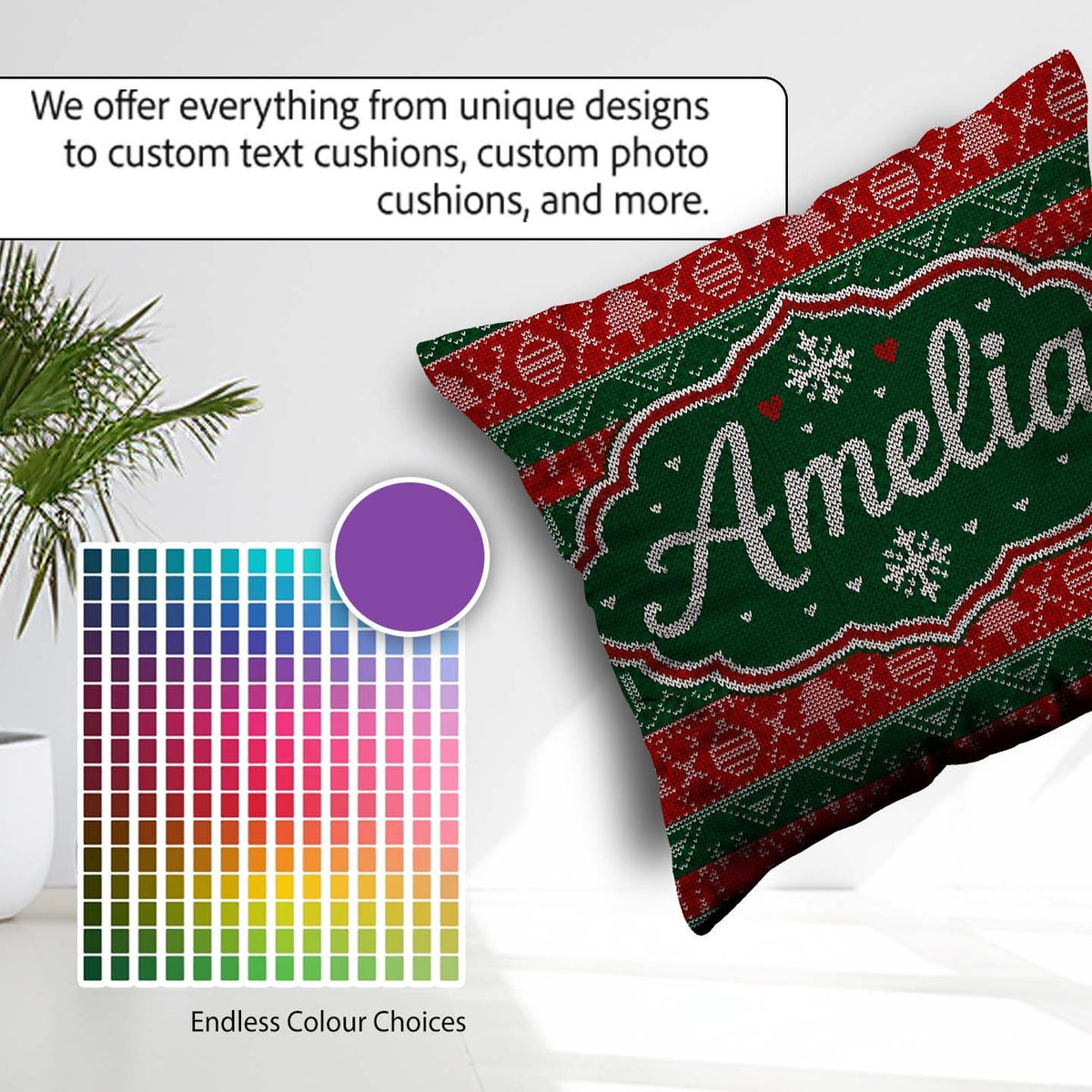 Custom Name Red Green Christmas Ornament Tree Heart Knit Pattern Square Filled Cushion Throw Pillow Sofa Bed Home Decor Zip Washable UK Made