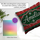 Custom Name Red Green Christmas Ornament Tree Heart Knit Pattern Square Filled Cushion Throw Pillow Sofa Bed Home Decor Zip Washable UK Made