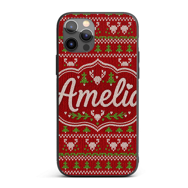 Red Green Cute Christmas Tree Heart Knit Seamless Custom Name Protective Phone Case Mobile Cover Durable Everyday Smartphone Shock Resistant