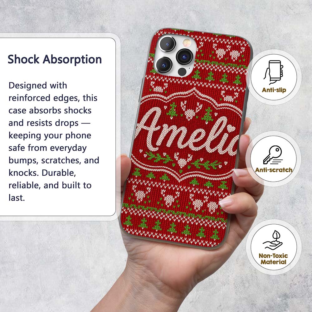 Red Green Cute Christmas Tree Heart Knit Seamless Custom Name Protective Phone Case Mobile Cover Durable Everyday Smartphone Shock Resistant