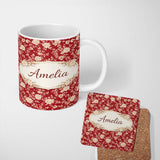Personalized Custom Name Classic Red and Cream Floral Seamless Pattern Stylish Everyday Mug 11oz Ceramic Coffee Tea Mug White Large Handle