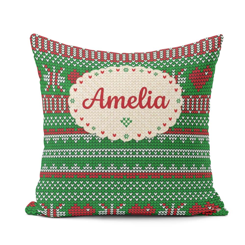 Custom Name Green Red White Classic Nordic Knit Seamless Pattern Square Filled Cushion Throw Pillow Sofa Bed Home Decor Zip Washable UK Made